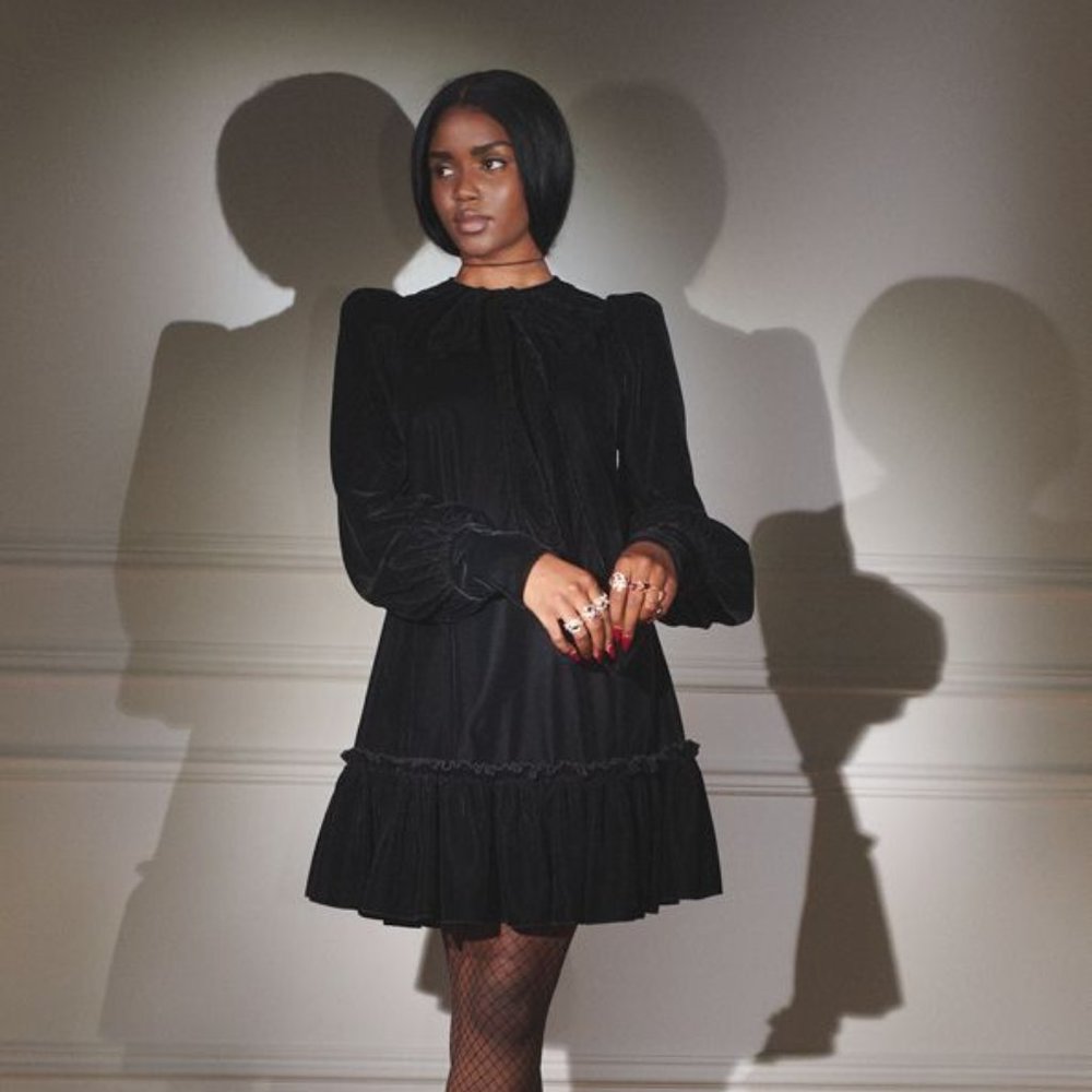 H&M Black Mini Dress with Long Puff Sleeves